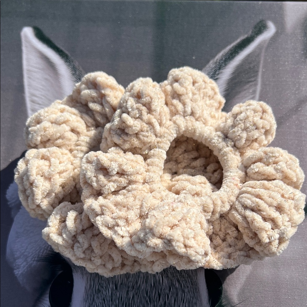 Elegant Cream with Gold Tinsel Crochet Hair Scrunchies